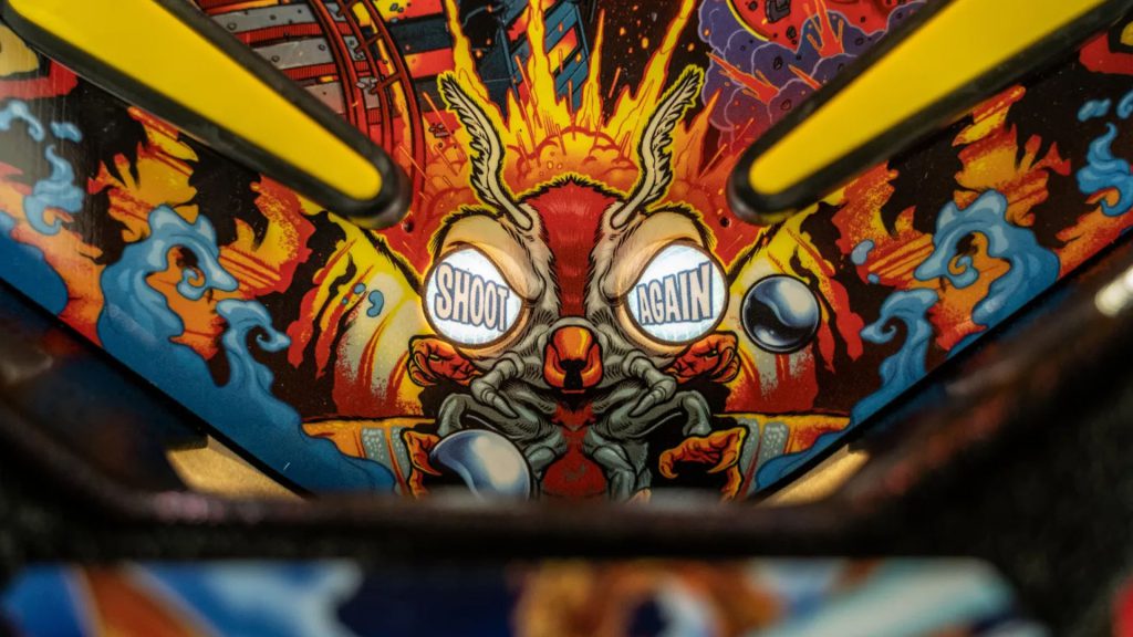 closeup detail of the shoot again area of the Godzilla Pinball game