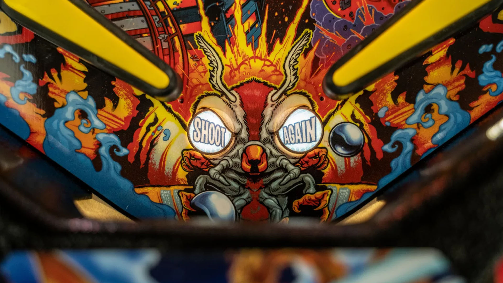 closeup detail of the shoot again area of the Godzilla Pinball game